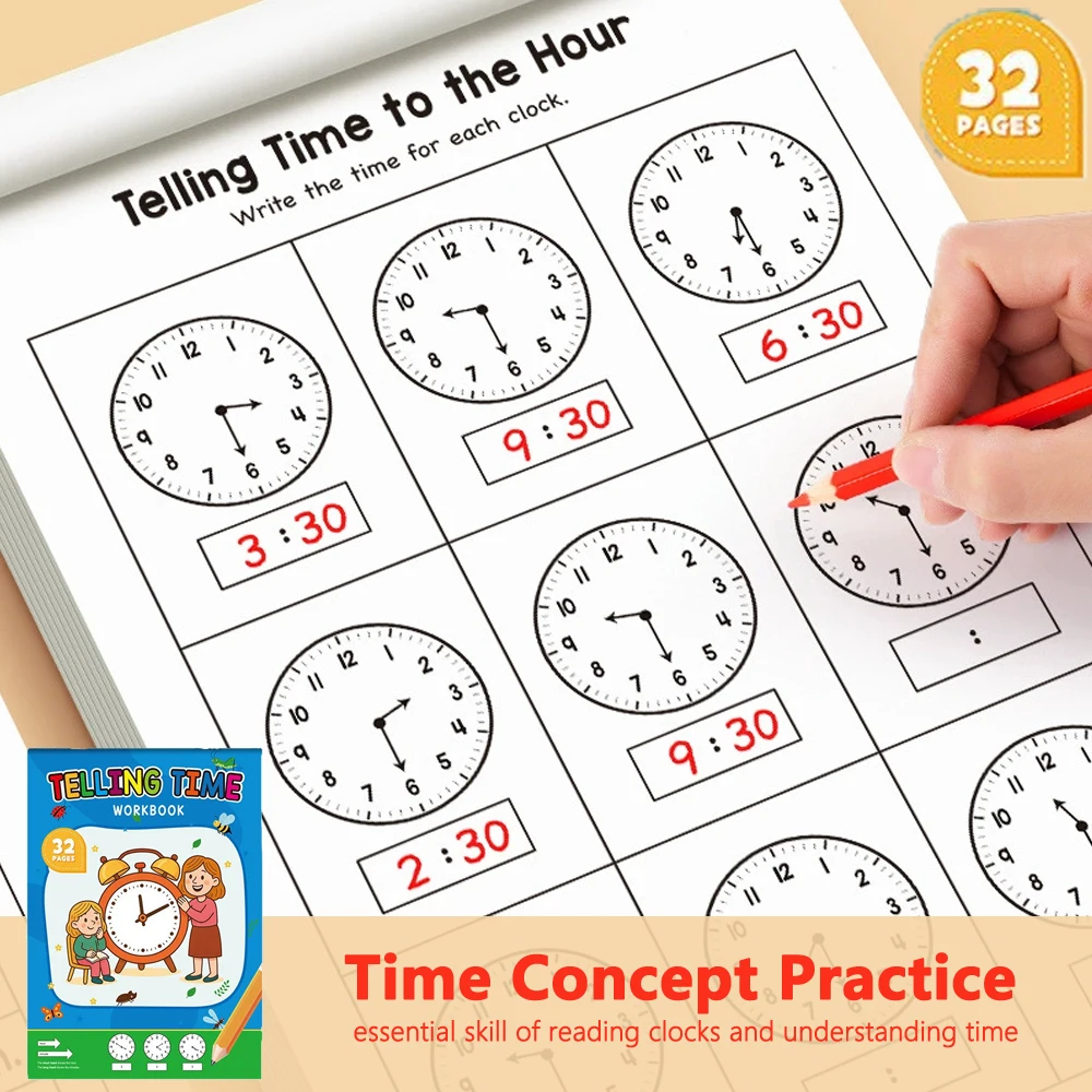 Kids Educational Workbooks - 32 Pages Telling Time Workbook for